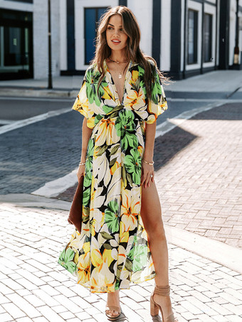 グリーン サマードレス Vネック 花柄 ブルー ロングビーチドレス