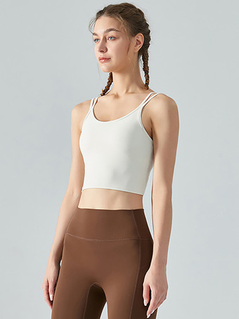 アイボリー 女性用ヨガトップ ジュエルネック ナイロン ノースリーブ アクティブウェア