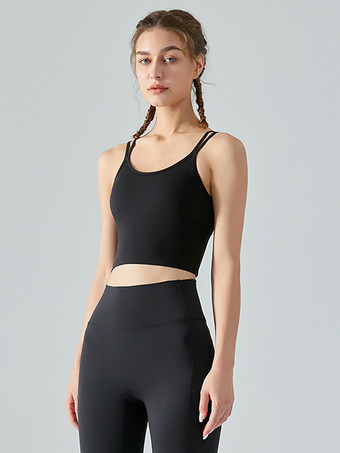 ブラック 女性用ヨガトップ ジュエルネック ナイロン ノースリーブ アクティブウェア