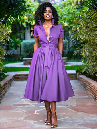 パープル ミディシャツドレス オレンジ スタンドカラー サッシュ 半袖 レイヤードドレス