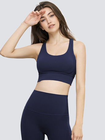 ネイビーブルーヨガブラ ジュエルネック ナイロン ノースリーブ テニストップ 女性用