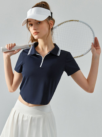 女性用テニス ポロ トップ ツートンカラー半袖アクティブウェア