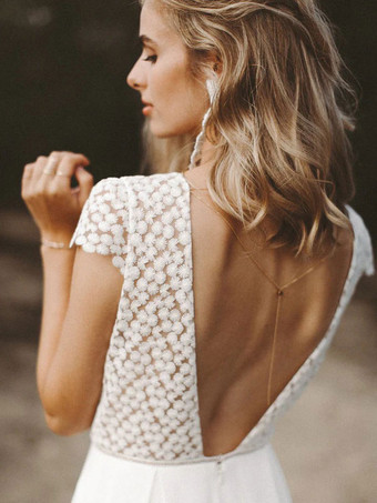 アイボリーブライダルジャンプスーツ シフォンレース フロアレングス Aライン ジュエルネック 半袖 ブライダルジャンプスーツ 無料カスタマイズ