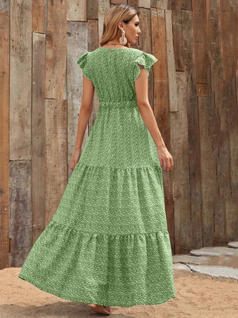 サマーマキシドレス ブルー Vネック フリル 花柄 ビーチドレス