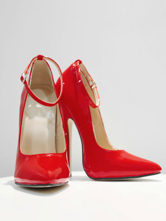 パンプス 6.3 インチ ハイヒール パテント アンクル ストラップ パンプス レッド セクシー