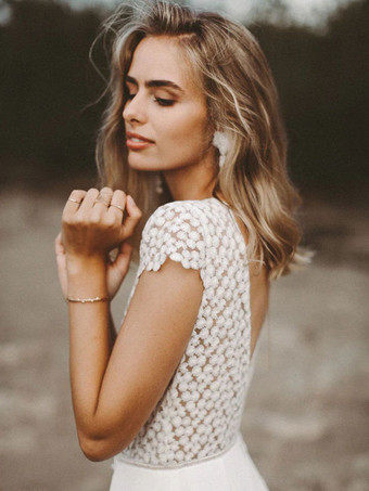 アイボリーブライダルジャンプスーツ シフォンレース フロアレングス Aライン ジュエルネック 半袖 ブライダルジャンプスーツ 無料カスタマイズ