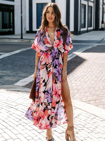 パープル サマードレス Vネック 花柄 ブルー ロングビーチドレス