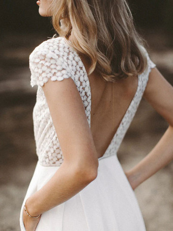 アイボリーブライダルジャンプスーツ シフォンレース フロアレングス Aライン ジュエルネック 半袖 ブライダルジャンプスーツ 無料カスタマイズ