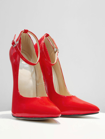 パンプス 6.3 インチ ハイヒール パテント アンクル ストラップ パンプス レッド セクシー