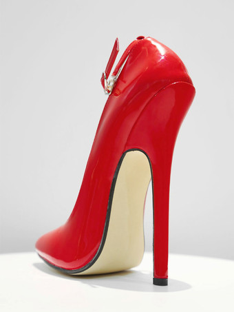 パンプス 6.3 インチ ハイヒール パテント アンクル ストラップ パンプス レッド セクシー