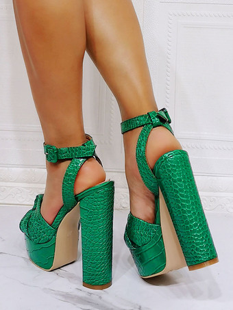 女性のセクシーなサンダルグリーンPUレザーオープントゥチャンキーヒールアンクルストラップヒール