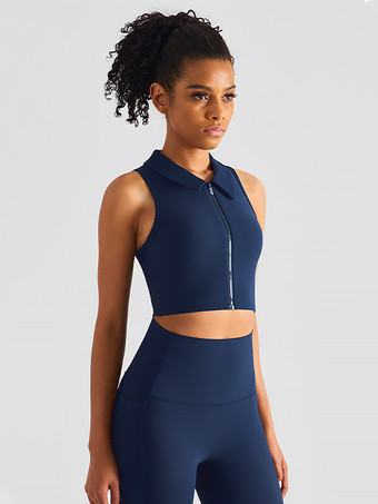 ネイビーブルー女性用テニストップナイロンノースリーブターンダウンカラーヨガブラ