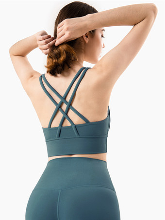 ダークグリーンヨガブラ ジュエルネック ナイロン ノースリーブ テニストップ 女性用