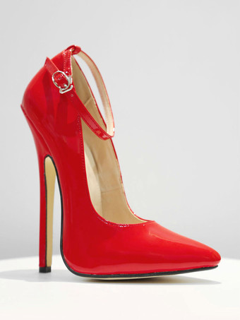 パンプス 6.3 インチ ハイヒール パテント アンクル ストラップ パンプス レッド セクシー