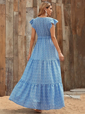 サマーマキシドレス ブルー Vネック フリル 花柄 ビーチドレス