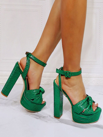 女性のセクシーなサンダルグリーンPUレザーオープントゥチャンキーヒールアンクルストラップヒール