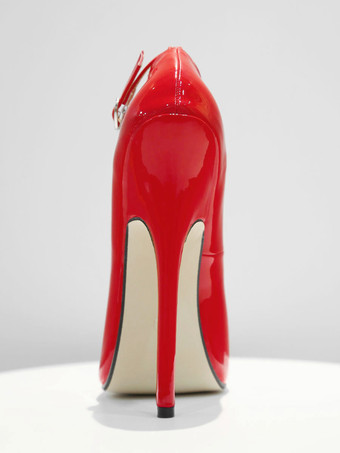 パンプス 6.3 インチ ハイヒール パテント アンクル ストラップ パンプス レッド セクシー