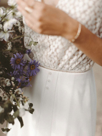 アイボリーブライダルジャンプスーツ シフォンレース フロアレングス Aライン ジュエルネック 半袖 ブライダルジャンプスーツ 無料カスタマイズ