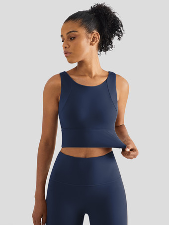 ネイビーブルーヨガブラ ナイロン アスレチック ノースリーブ ジュエルネック テニス トゥ レディース