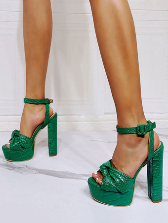 女性のセクシーなサンダルグリーンPUレザーオープントゥチャンキーヒールアンクルストラップヒール
