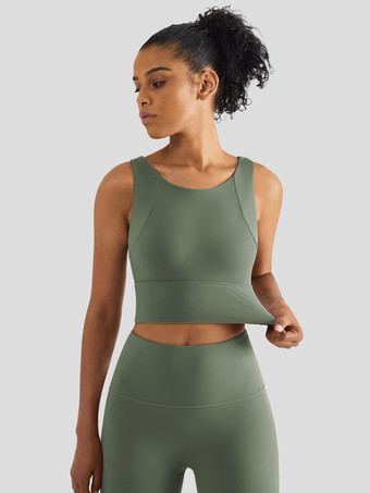 セージグリーンヨガブラ ナイロン アスレチック ノースリーブ ジュエルネック テニス トゥ レディース