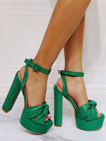 女性のセクシーなサンダルグリーンPUレザーオープントゥチャンキーヒールアンクルストラップヒール