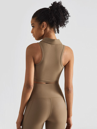 女性用テニストップナイロンノースリーブターンダウンカラーヨガブラ