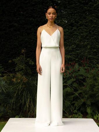 Ivory Bridal Jumpsuit 2024 Lace Ankle-Length A-Line V-Neck