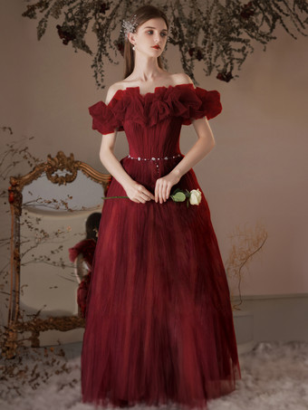 Tulle Prom Dresses Burgundy Off-Shoulder Semi Formal Long Dress