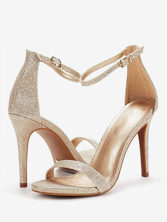 ライトゴールヒールサンダルブラックスティレットヒールラウンドトゥPUレザーアンクルストラップヒール