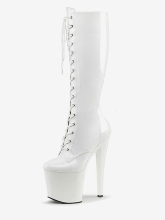 ホワイト セクシーなハイヒールブーツラウンドトゥレースアップジッパースティレットヒールレイブクラブブラックサイハイブーツオーバーザニーブーツ ポールダンスシューズ
