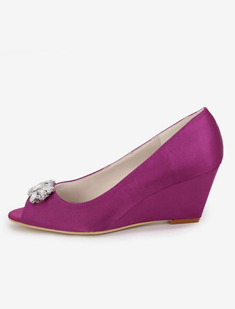 ウェディングシューズ　ウエディング　絹織物　ピープトゥ　ウェッジソール　エレガント　ラインストーン　