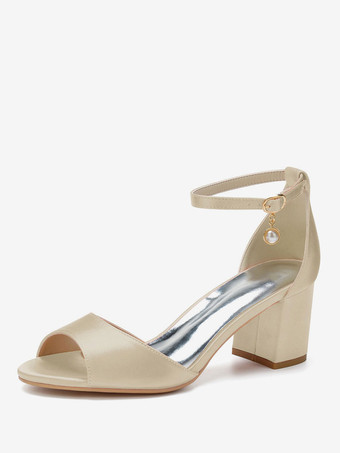 シャンパンカラー女性のかかと子犬のかかとオープントゥサテンホワイトアンクルストラップかかと