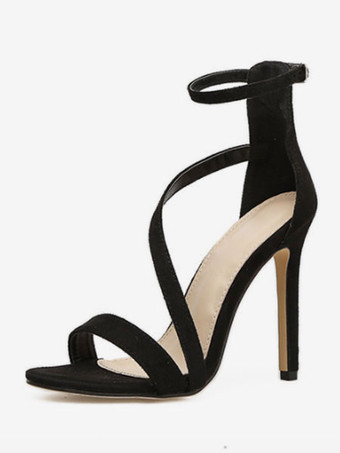 ハイーヒール　サンダル　レディースシューズ　ブラック　オープントゥ　ストラピー　アンクルストラップ　サンダルシューズ