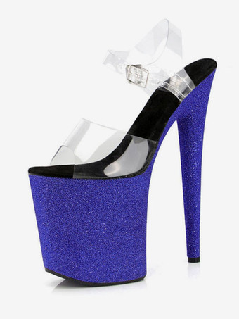 ブルー ハイヒールセクシーサンダルアクアPVCアッパーオープントゥスチレットヒールアンクルストラップヒール ポールダンスシューズ