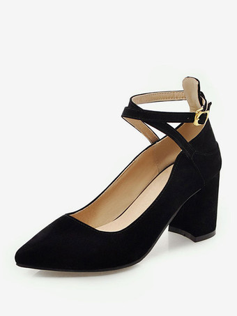 ブラック パンプス ポインテッドトゥ ミッドローヒールシューズ チャンキーヒール 7cm ワインレッド シューズ マイクロスエード クリスクロス 無地 調整可能なストラップ レトロシューズ アウトドア レディース靴