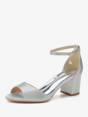 シルバー 女性のかかと子犬のかかとオープントゥサテンホワイトアンクルストラップかかと