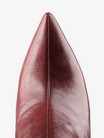 オーバーザニーブーツ ポインテッドトゥ スティレットハイヒールブーツ PUレザーバーガンディ レディース