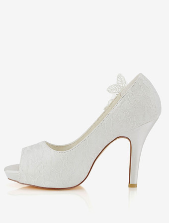 レース　ウェディングシューズ　アイボリー　レース　ピープトウ　ハイヒール　ブライダルシューズ