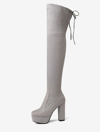 ライトグレープラットフォームサイハイブーツレディース弾性生地レースアップアーモンドトゥ分厚いヒールニーブーツ