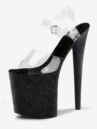 ブラック ハイヒールセクシーサンダルアクアPVCアッパーオープントゥスチレットヒールアンクルストラップヒール ポールダンスシューズ