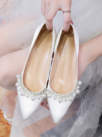 女性用ミッドローヒール エレガント ポインテッドトゥ 子猫ヒール スリッポン かわいいパール ホワイト ウェディングパンプス