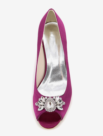 ウェディングシューズ　ウエディング　絹織物　ピープトゥ　ウェッジソール　エレガント　ラインストーン　