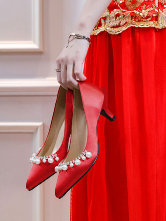 女性用ミッドローヒール エレガント ポインテッドトゥ 子猫ヒール スリッポン かわいいパール ホワイト ウェディングパンプス