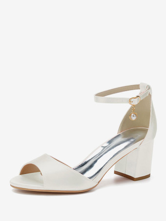 アイボリー 女性のかかと子犬のかかとオープントゥサテンホワイトアンクルストラップかかと