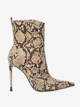 女性のアンクルブーツPUレザーPythonプリント指摘つま先スチレットヒールハイヒールのブーツ