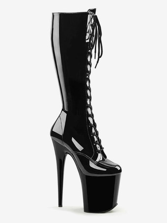 セクシーなハイヒールブーツラウンドトゥレースアップジッパースティレットヒールレイブクラブブラックサイハイブーツオーバーザニーブーツ ポールダンスシューズ