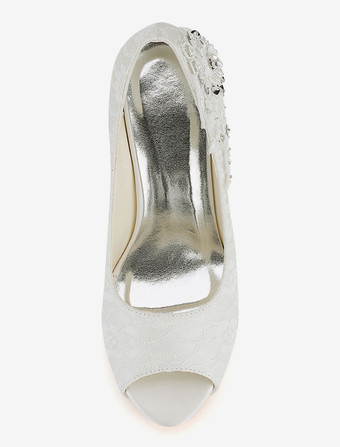 レース　ウェディングシューズ　アイボリー　レース　ピープトウ　ハイヒール　ブライダルシューズ