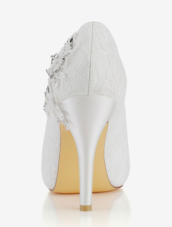 レース　ウェディングシューズ　アイボリー　レース　ピープトウ　ハイヒール　ブライダルシューズ