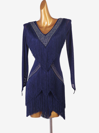 ラテンダンスコスチュームブルーレディースラインストーンボディコンセクシーポリエステルドレスダンスウェア